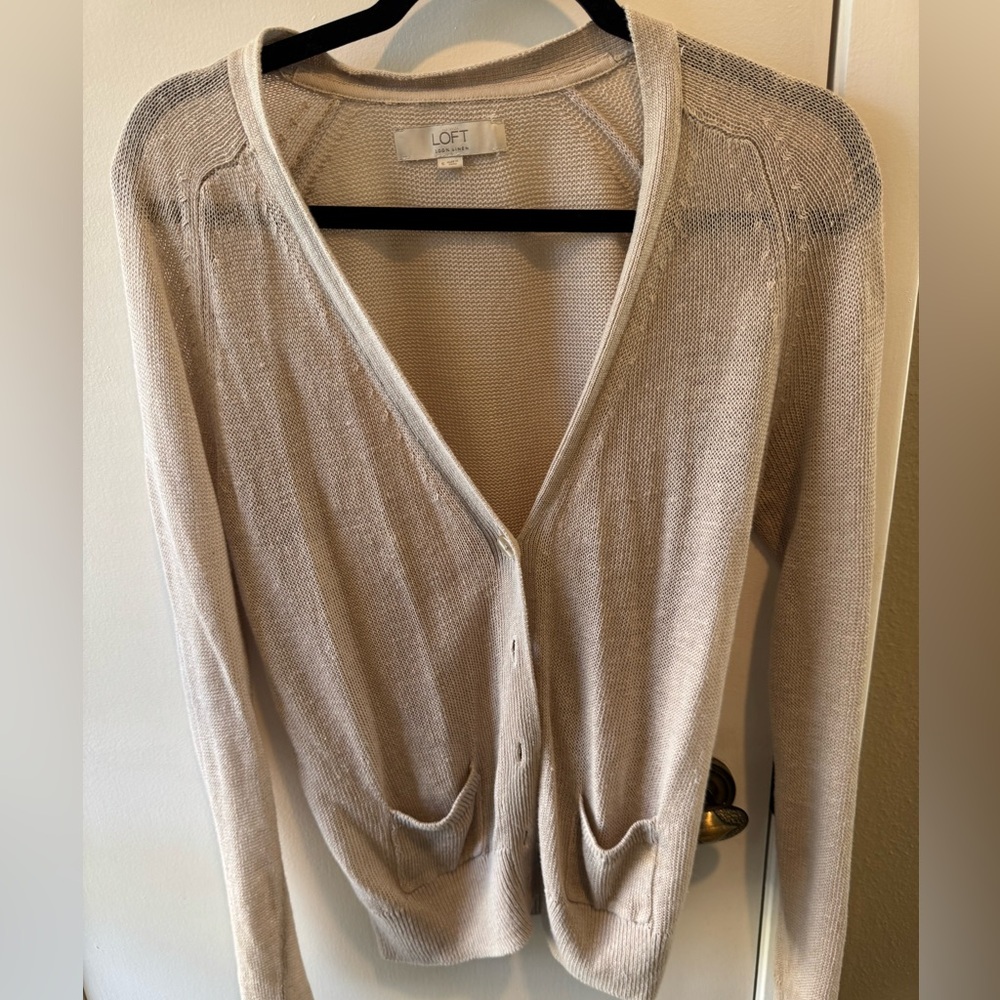 LOFT Women's Linen Light Tan Cardigan Sweater